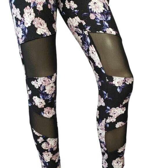 NWT Floral Mesh Panel Leggings No Comment NY LA Black & White pink flowers gym - Picture 2 of 6